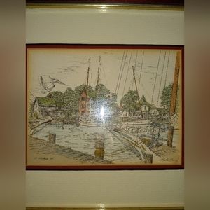 Martin Barry St. Michaels Harbor Lithograph and Mirror
